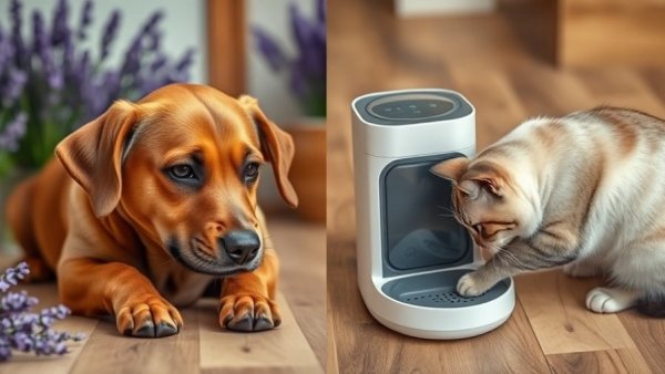 Vancouver pets: dog and cat with pet supplies indoors.