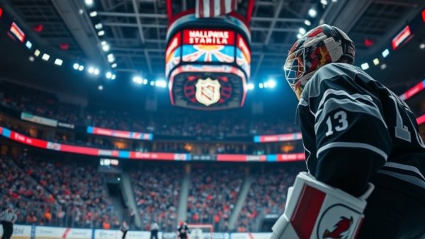 Hockey goalie poised in front of net during game, bright stadium lighting.