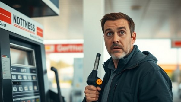 Concerned man at gas station displaying costly driving habits.