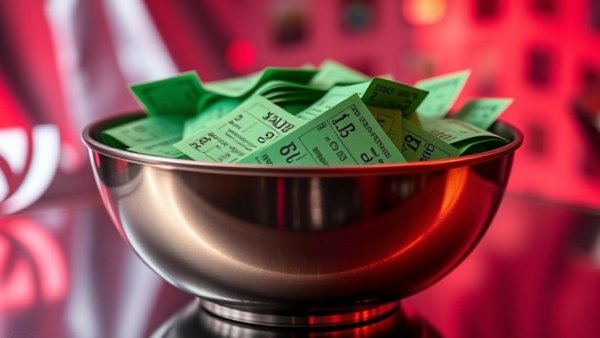 Green raffle tickets in a metallic bowl, conveying event excitement.