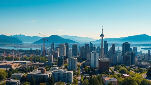 Panoramic view of Vancouver BC skyline promoting weekend events.