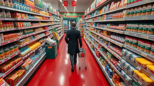 Overhead view of a grocery store aisle with various packaged foods.