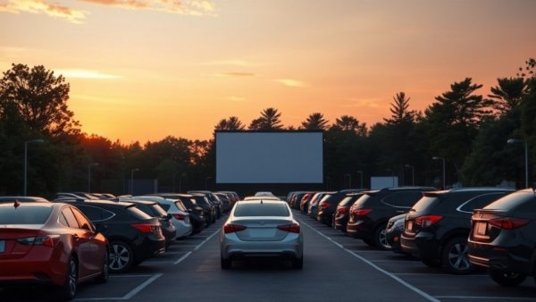 Cars gather at a drive-in theater for free summer movies.