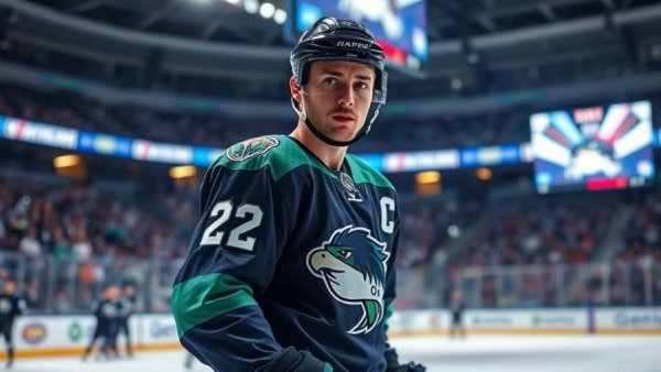 Seattle Kraken ice hockey player focused on rink during game.