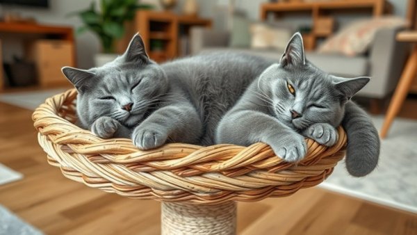 Gray cat enjoying a cozy basket on a cat tree, benefits of owning a cat tree.