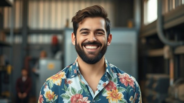 Bearded man in floral shirt smiling against metallic background.