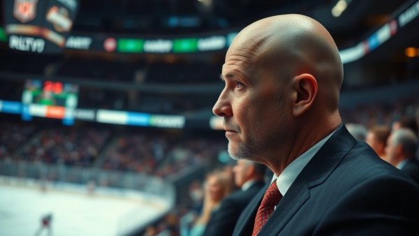 Vancouver NHL coach observes a game intensely in formal attire.