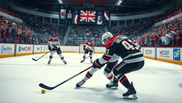 Intense hockey scene with players competing for the puck, vibrant rink.