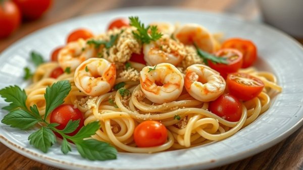 Delicious pasta with shrimp and tomatoes on a white plate, family living Vancouver.