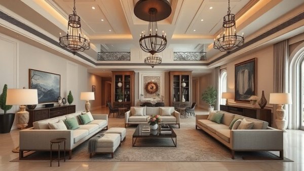 Elegant family living room layout with chandeliers and seating