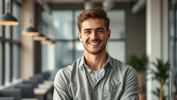 Confident young man in modern office, related to Canada payment innovations.