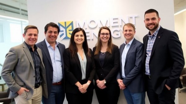 Professionals in front of Moment Energy logo, related to B.C. battery storage market.
