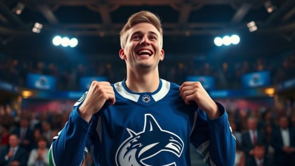 Vancouver Canucks 2026 NHL Draft, young man wearing jersey on stage.