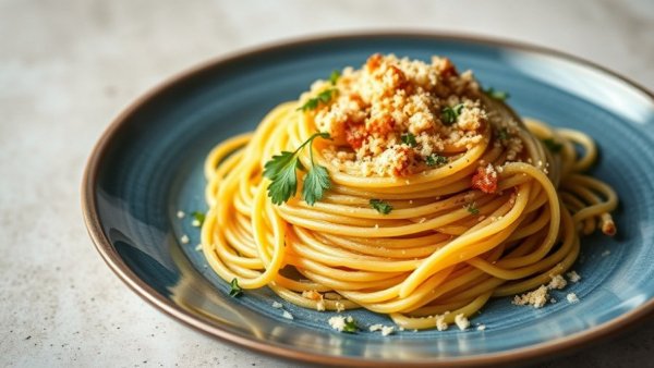Delicious easy weeknight dinner spaghetti in Vancouver on a blue plate.