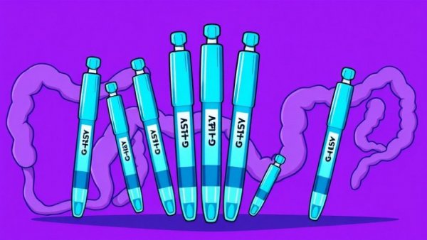 Illustration of GLP-1 drug pens and intestines in vibrant colors.
