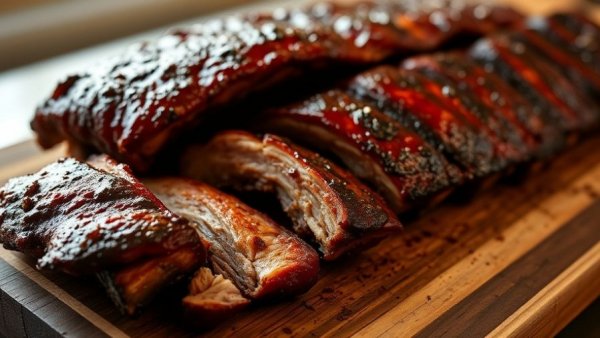Juicy BBQ ribs sliced on a wooden board for summer cookouts