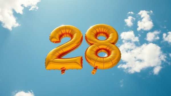 Gold number 28 balloons held against the clear sky.