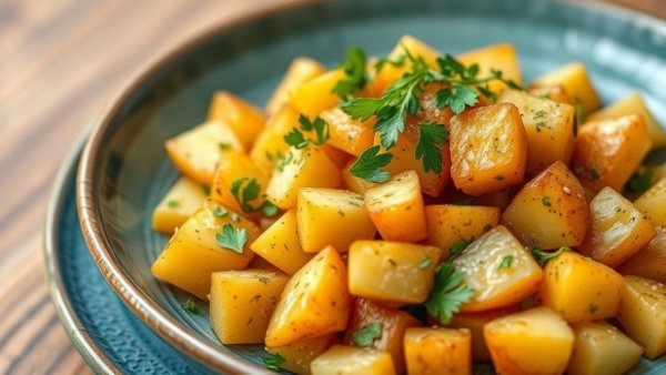 Egyptian Warm Potato Salad in a vibrant blue bowl, garnished with herbs.