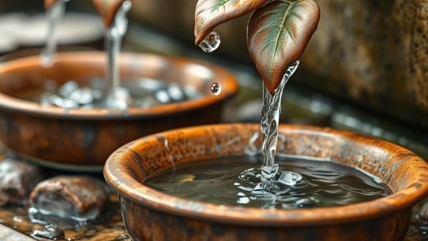 Close-up of smaller water features with cascading water.