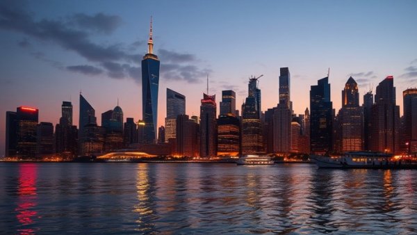 City skyline at dusk with illuminated skyscrapers reflecting on water.