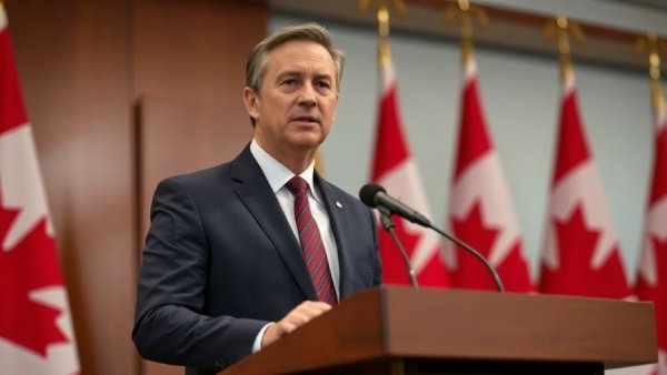 Vancouver local news: Speaker at podium with Canadian flags.