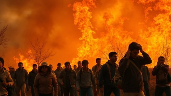 Wildfire evacuation alert, people urgently evacuating area.
