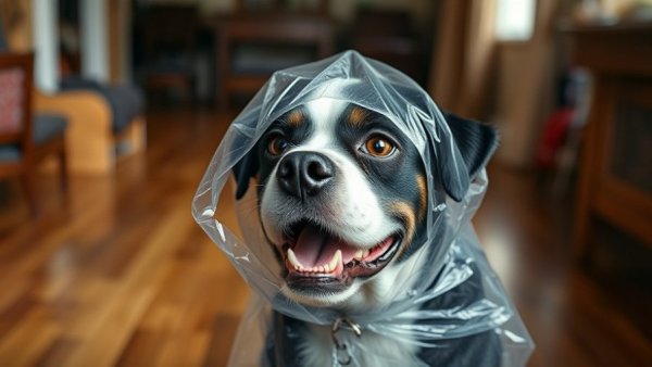 Funny dog in plastic bag raincoat indoors, funny animal photos