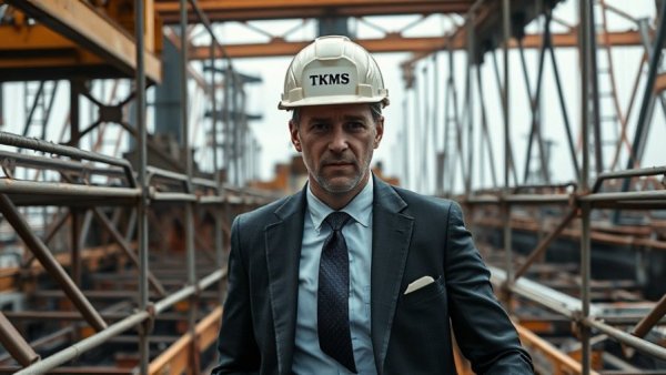 Man in suit with TKMS hard hat at submarine site