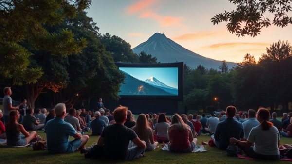 Outdoor movie event in Vancouver BC park with mountain view.
