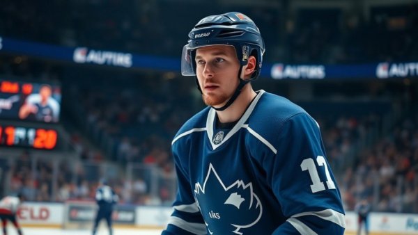 Hockey player in blue jersey focused during game against Vancouver Canucks.
