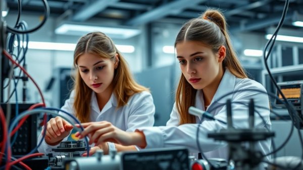 Two young women working in a Vancouver tech lab.