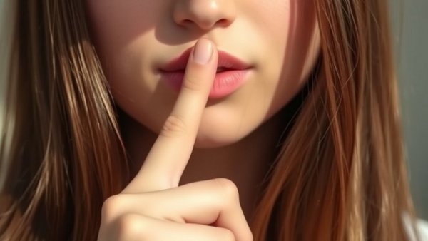 Close-up of woman shushing with finger to lips, Vancouver tech vibe.