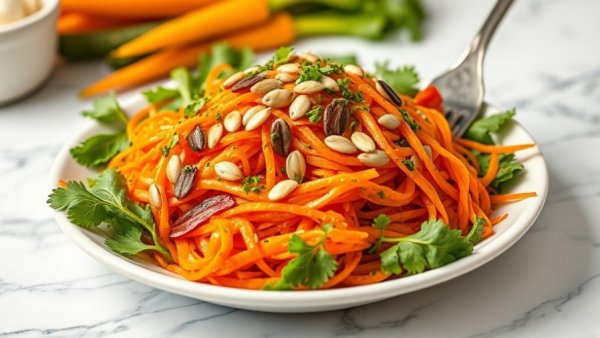 Vibrant carrot salad with pumpkin seeds on marble counter