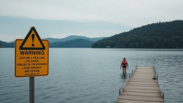 Calm lake with warning sign and people wearing lifejackets