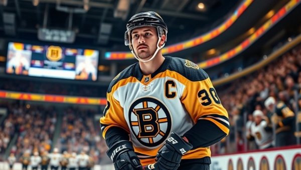 Hockey player from Boston Bruins stands focused on ice