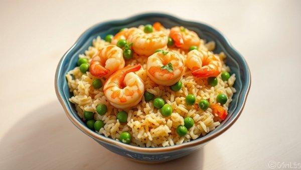 Vibrant shrimp fried rice with peas and eggs in a blue bowl, fast fried rice recipes.