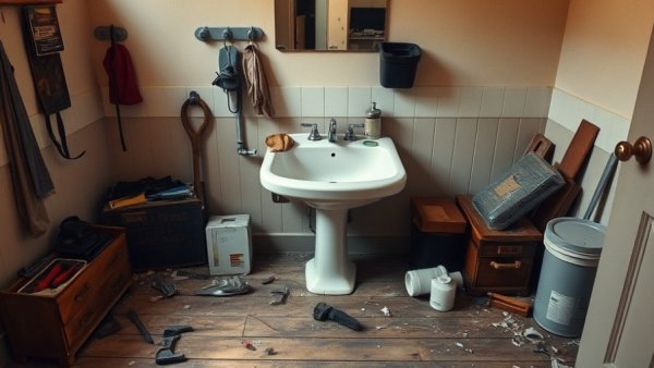 Broken bathroom sink and disorganized tools for home improvement Vancouver