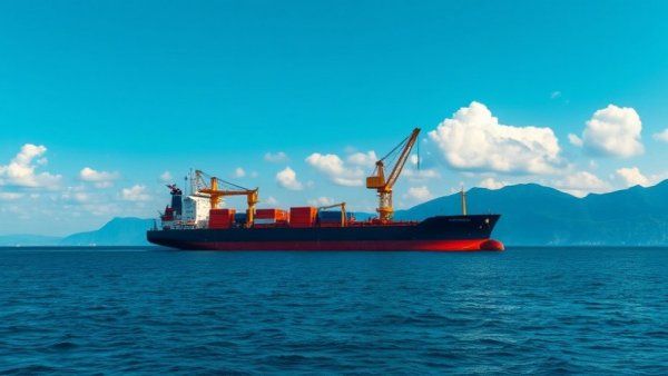 Cargo ship anchored in calm Gulf waters with distant hills.