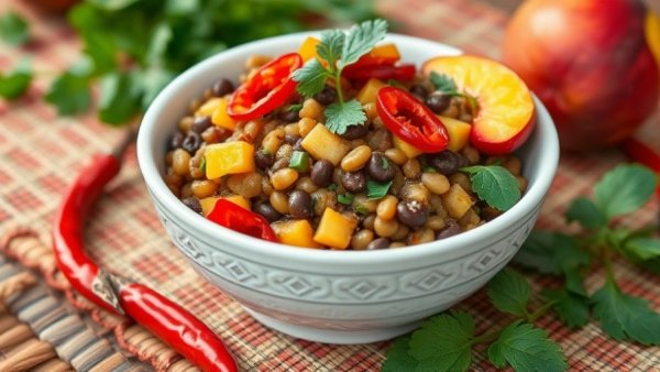 Thai-inspired peach and lentil salad with herbs and chili.
