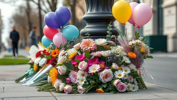 Memorial with flowers and sign honoring victims in soft daylight.