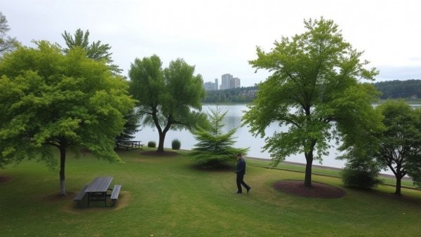 Lakeside park with trees and picnic tables, person walking