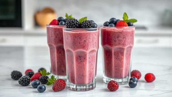 Berry smoothie for blood sugar and muscle health on marble