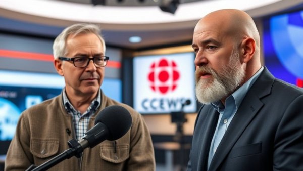 CBC News split-screen interview with men discussing local news in Vancouver.