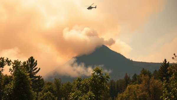 Forest fire near Vancouver with smoke and helicopter visible.