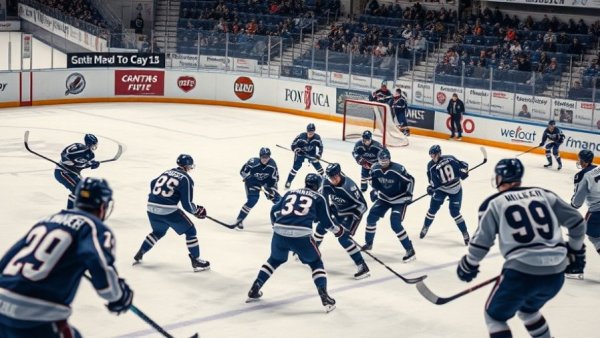 Ice hockey game scene with players in action, NHL Vancouver.