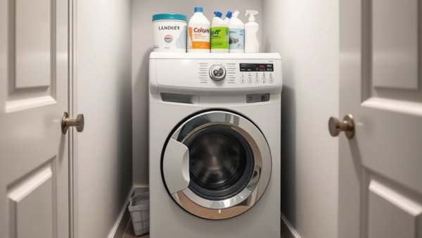 Compact laundry space with washing machine and cleaning supplies for home improvement Vancouver.