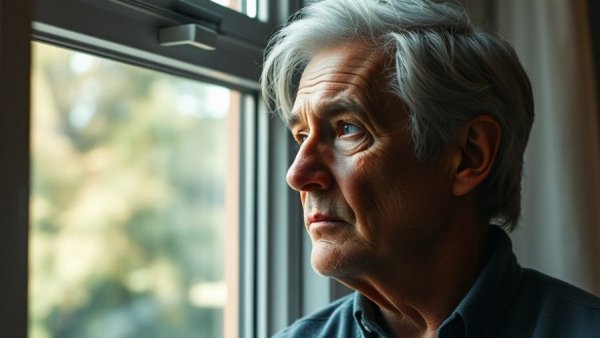 Thoughtful older man gazing out a window, finance tips Vancouver
