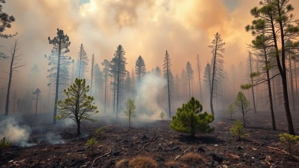Wildfire smoke and burned forest in Fraser Canyon