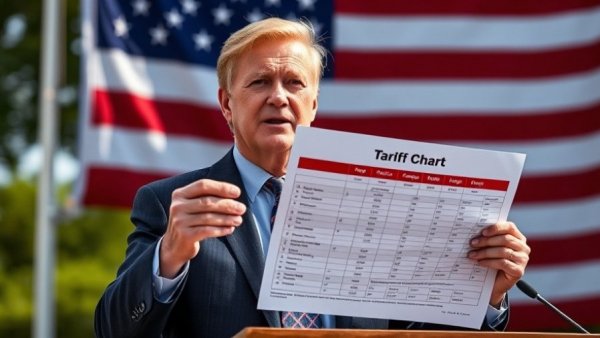 Politician presenting double-digit tariffs chart at press conference.