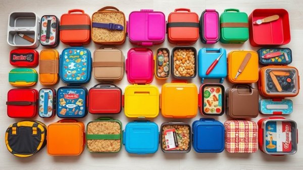Colorful lunch boxes for families arranged in a bright display.